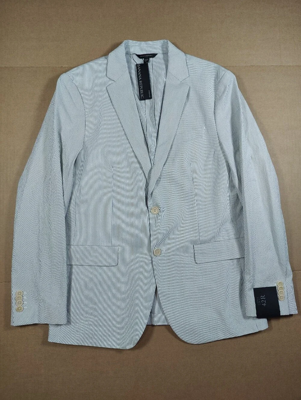 NWT Banana Republic Men Blue White Stripe Seersucker Slim Cotton Blazer Size 42L